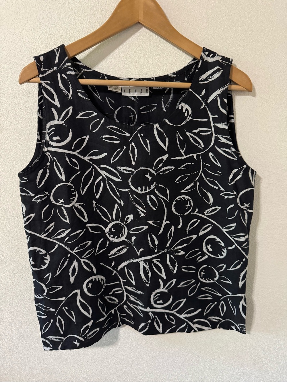 Vintage Kenar Linen Sleeveless Blouse Black White Floral Print Tank Top-Medium